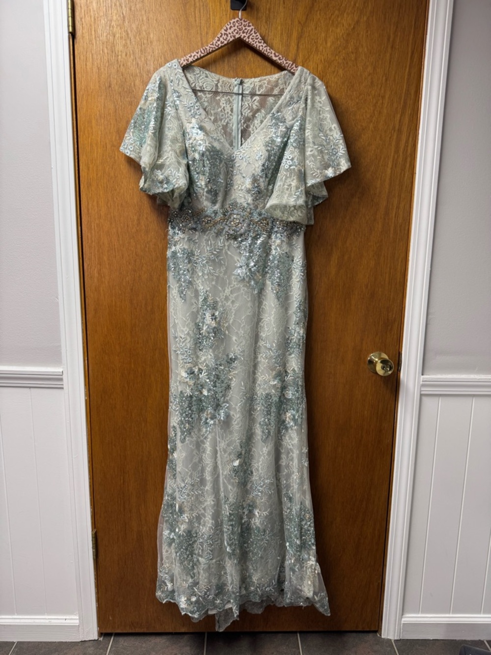 Mac Duggal Bell Sleeve Floral Embellished Long Maxi Gown Sequins Lace Seafoam 10 - Picture 14 of 14